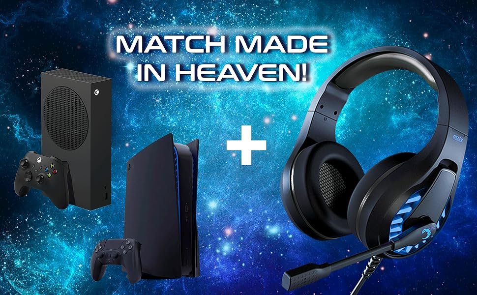 Gaming console and controller next to over-ear gaming headphones on starry background. Text reads 'MATCH MADE IN HEAVEN!'
